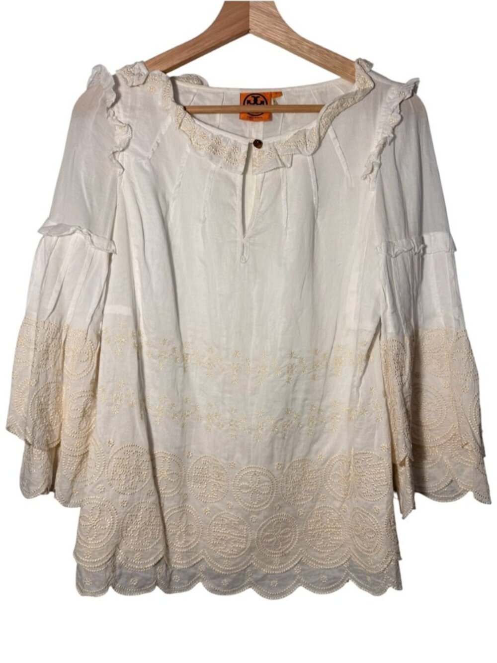 Tory Burch Cream Cotton Embroidered Ruffle Top size 4